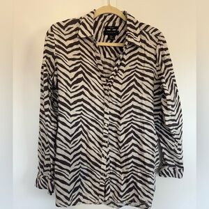 Tahari Long Sleeve Brown and White Zebra Print Linen Blouse
